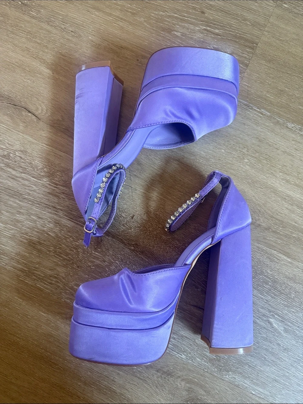 Satin lavender Platform Block Heel Sandals in Purple with Rhinestone Ankle Strap